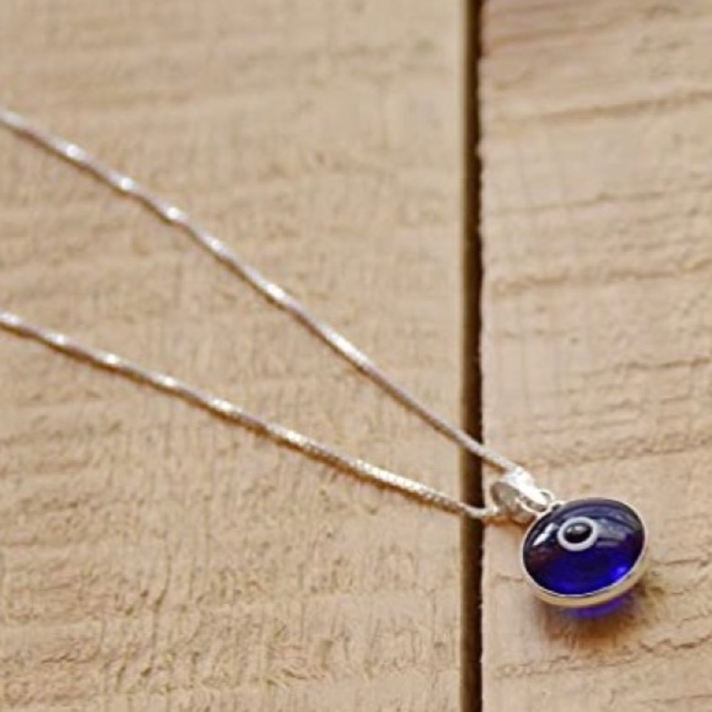 Evil Eye Silver Necklace W/ Blue Glass Pendant NWT